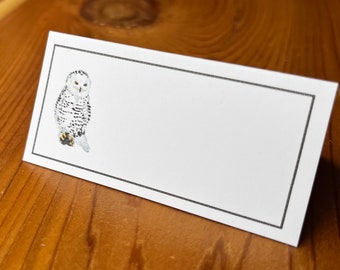 NEW!! Snowy Owl Placecards for Your Holiday Christmas or Special Table, Set of 12. Watercolor Design, Black Border.