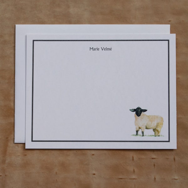 Sheep Lamb Black and White Custom Notecard. Thank You, Any Occasion, Personalize Watercolor Print, Set of 10.