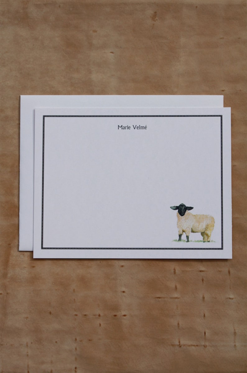 Sheep Lamb Black and White Custom Notecard. Thank You, Any Occasion, Personalize Watercolor Print, Set of 10. image 1