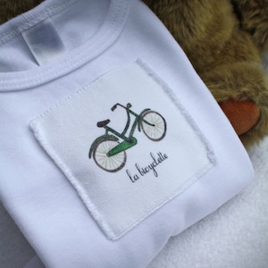 Bike or Bicyclette One Piece Baby Bodysuit French Text, Cotton Infant Baby Short Sleeve, Sizes: 3-6 Month OR 6-12 Month