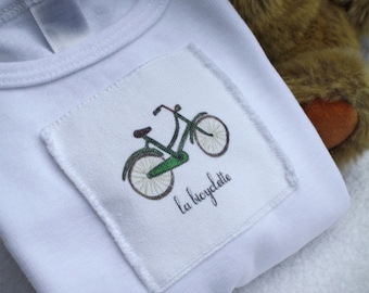 Bike or Bicyclette One Piece Baby Bodysuit French Text, Cotton Infant Baby Short Sleeve, Sizes: 3-6 Month OR 6-12 Month
