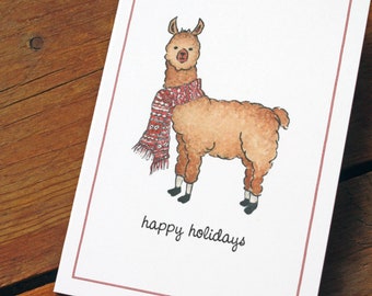 NEW! Set, Llama in Nordic Wool Scarf, Happy Holidays, Holiday Llama Handmade Greeting Cards, Set of 8