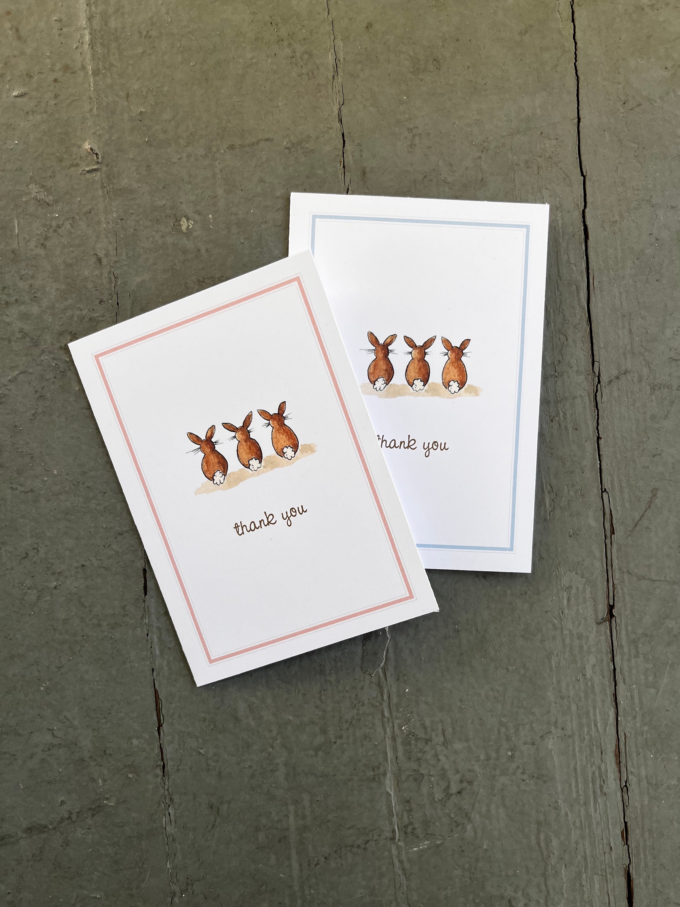 Thank You Note Bunny Rabbit Tails, Set of 8. Pale Pink Border or Pale ...