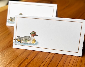 NEW! Teal Duck Placecards for Your Table, Set of 12. Watercolor Teal Waterbird Design with Brown Border. On White or Natural Cardstock.