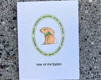 Year of the Rabbit Lunar or Chinese New Year Greeting Card, Watercolor Print, Blank Inside, Handmade Card