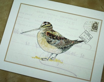 Woodcock Woodland Bird Card, Gamebird with French Ephemera Handmade Greeting Card