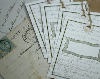 6 Gift Tags, Vintage Style Sage Green Norwegian Script with Aged Reinforcements, Set of 6