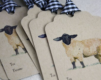 6 Sheep Lamb Gift Tags, Set of 6, on Recycled Kraft Cardstock with Matching Black and White Gingham Ribbon