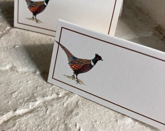 Placecards for Your Table, Set of 12. Watercolor Pheasant Design with Chocolate Brown Border. On Kraft or Natural Card