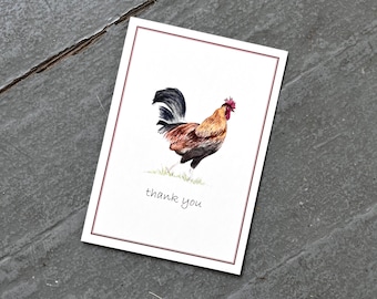 NEW! Rooster Thank You Notes Handmade Note Cards, Set of 8. Rooster Stationery. Farm Chickens