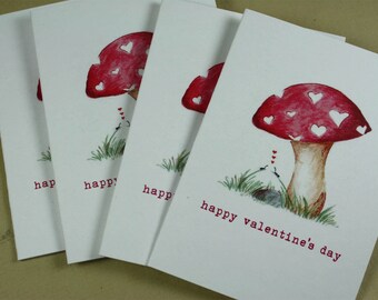 Mini Cards, Valentine Mushroom Hearts, Ants in Love Valentines Red Love Tiny Cards - Set of 4 with Mini Envelopes