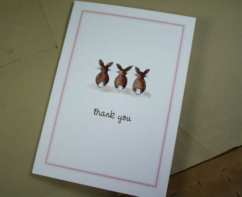 Thank You Note Bunny Rabbit Tails Set of 8. Pale Pink Border | Etsy