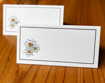 NEW!! Edelweiss Placecards for Your Holiday Christmas or Special Table, Set of 12. Watercolor Design, Charcoal Gray Border. Alpine Flower.