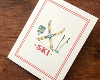 Ski European Alpine Nordic Folk Style with Crest, Winter Skiing Card, Handmade Greeting Card. Blank Inside.