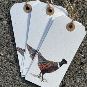 K&ouml;nnte beinhalten: Vier leere Geschenkanh&auml;nger mit braunem Papiergarn und einer Fasanenillustration. Die Anh&auml;nger sind aus Recyclingpapier und haben einen rustikalen Look.