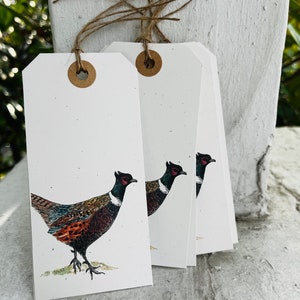 K&ouml;nnte beinhalten: Satz mit vier leeren Geschenkanh&auml;ngern mit einer Illustration eines braunen Fasanen. Die Anh&auml;nger sind aus wei&szlig;em Papier mit braunem Garn, das an jedem Anh&auml;nger befestigt ist.
