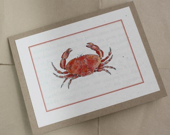 Crab Dungeness Rock Crab Beach Life Handmade Greeting Card, Bright Orange, Watercolor Print