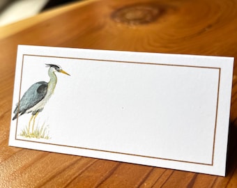 Heron Placecards for Your Table, Set of 12. Watercolor Heron Design with Brown Border. On Bright White or Natural Card Cardstock.