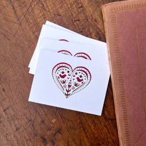 Folk Heart, Scandinavian Heart Mini Cards, Valentines Red Love Tiny Cards - Set of 4 with Mini Envelopes. Small cards.