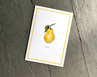 Pear Merci Thank You Notecards Stationery. Set of 8. French Text Handmade Thank You Notes Packaged.