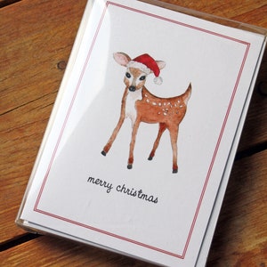 NEW! Set, Deer in Santa Hat, Merry Christmas, Christmas Deer, Handmade Greeting Cards, Set of 8
