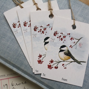 Chickadee and Berries Gift Tags, Winter Bird with Winter Berries, Sets of 6, 12, 24 or 48