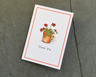 NEW! Pot of Nasturtiums or Geraniums. Thank You Notes Handmade Note Cards, Set of 8. Stationery with Orange Flowers