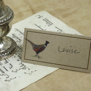 Placecards para sua mesa, conjunto de 12. Design de faisão em aquarela, borda marrom chocolate. Kraft ou cartão natural. Amante de pássaros para jantar