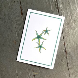 Cartes de correspondance vierges inspirées des étoiles de mer Seastar Beach. Bleu sarcelle d'été bleu-vert. Vie marine. Lot de 8. Remerciements faits main. Cadeaux de moins de 20 ans