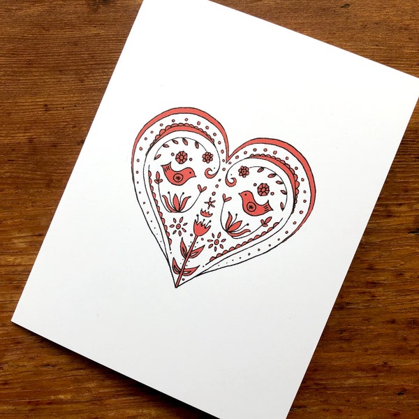 Valentines Folk Heart Red Scandinavian Nordic Style Handmade Greeting Card