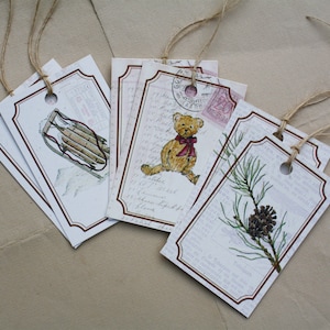 6 Holiday Gift Tags, Sled, Pine, Teddy Bear, Winter Collection Tags, Watercolor Prints