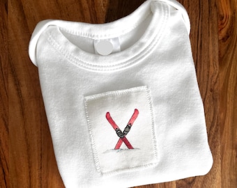 NEW! For Baby Ski Skier, Red Skis, One Piece Bodysuit Cotton Infant Baby Short Sleeve, Sizes: 3-6 Month OR 6-12 Month. Gift for New Baby