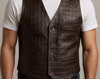 Vest Crocodile Embossed Leather Vest for Men Vintage Western Style Waistcoat Biker Formal Party Wear Real Textured Leather Vest Waistcoat