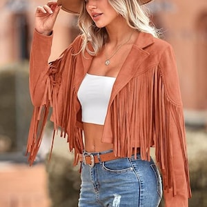 Damen Fringe Faux Wildlederjacken Echte Wildlederjacke Western Cowboy Fringe Jacke für Damen von Custom Threads