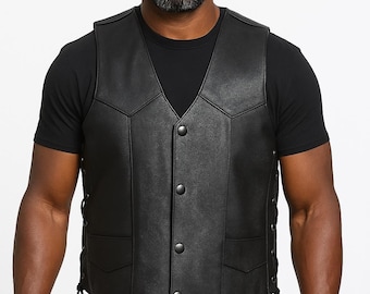 Black Leather Vest Cowhide Vest for Men & Women Fashion Vest with Lace-Up Sides Real Leather Kids Vest Handmade Vest Waistcoat