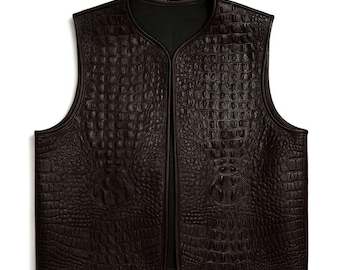 Men's Motorbike Brown Crocodile Embossed Leather Motorcycle Vest Concealed Carry biker Style Vest Alligator Embossed Motorbike Vest Handmade