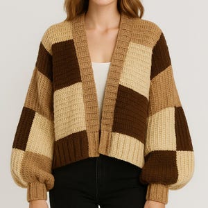 Crochet Shirt Handmade Patchwork Cardigan Women’s Chunky Oversized Sweater Retro Checkered Jacket Womens Shirt Boho Vintage Style Shirt