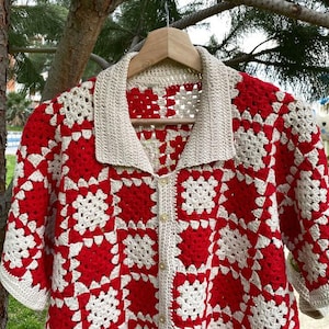 Crochet shirt Handmade Red Granny Square Shirt Boho Vintage Crochet Top Button Down Festival Shirt Unisex Summer Retro Knitwear