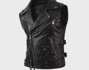 Leather Vest for Men Real Leather Biker Western Style 80s 90s Retro Festival Outfit Black Vest Handmade Vest Waistcoat