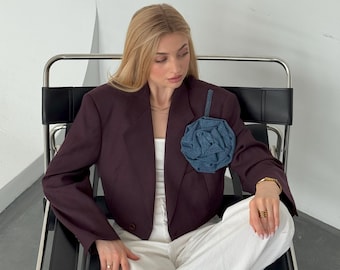 Upcycled Wool Blazer: Burgundy Plaid with Denim Flower
