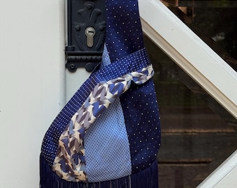 Upcycled Silk Tie Fringe Bag, Japanese Style Shoulder Tote, Handmade OOAK