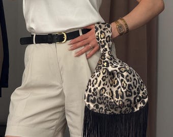 Leopard Jacquard Knot Bag, Handmade Evening Purse, Black Fringe Statement Handbag