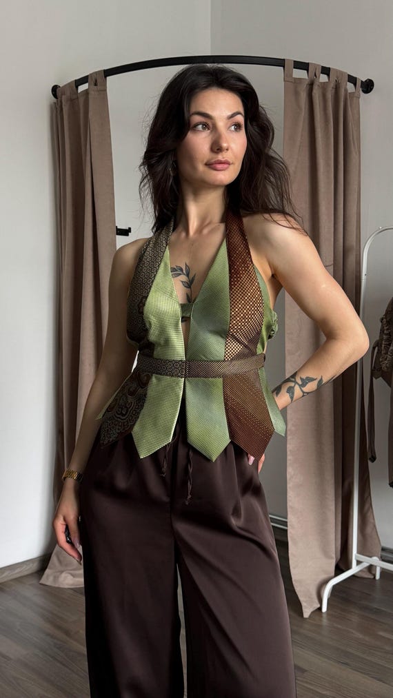 Upcycled Vintage Tie Halter Top, Handmade Backless Necktie Top, One-of-a-Kind Sustainable Fashion
