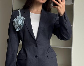 Vintage Grey Blue Wool Blazer, Fitted Tailored Jacket with Denim Flower, Size XS-M