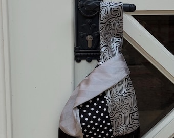 Upcycled Silk Tie Tote Bag, Japanese Style Shoulder Bag, Black White Fringe OOAK