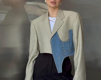 Upcycled Cropped Blazer: Vintage Denim Corset Jacket