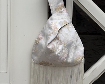 Handmade Jacquard Japanase Knot Bag, Ivory Fringe Statement Purse, Metallic Threads