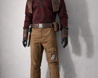 May include: A complete costume on a mannequin. The outfit includes a maroon long-sleeve shirt, brown pants with cargo pockets, a brown belt, and a brown leather harness. The costume also features a brown leather holster and a lightsaber prop.