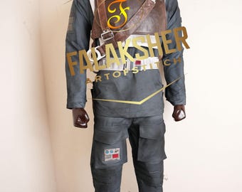May include: A full-body costume on a mannequin. The outfit includes a gray jumpsuit, a brown leather vest with straps, and a white belt. The costume has a futuristic or military aesthetic.