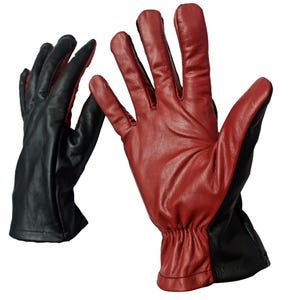 May include: A pair of leather gloves with a red and black color scheme. One glove is red on the back and black on the palm, while the other glove is black on the back and red on the palm.